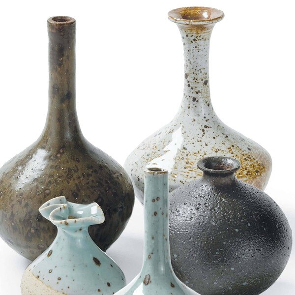 Textured blue, gray and brown bud vases
